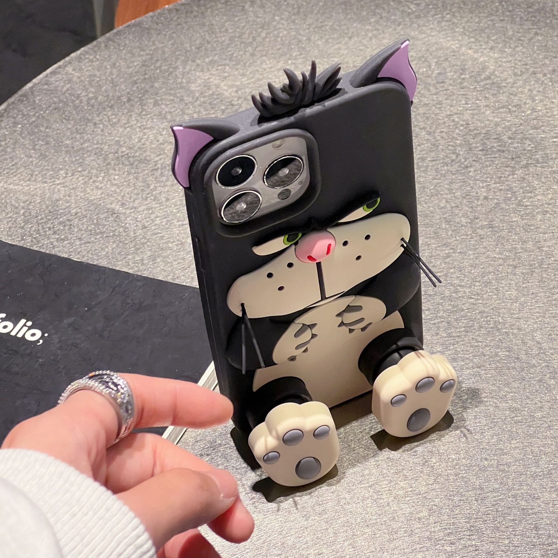 Bracket Lucifer Cat Silicone mobile Phone Case for iPhone 12 13 14 15 promax 11 cartoon Stereo Drop-resistant phone accessories