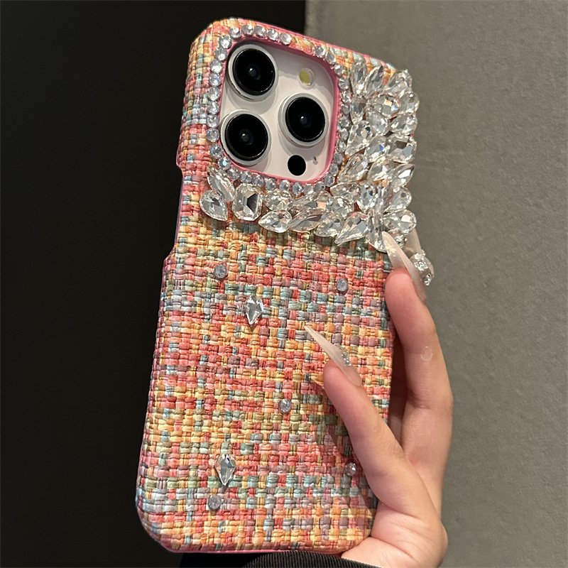 Handmade Light Luxury Rhinestone Suitable for iPhone 16 Rose Red Woven Pattern Mobile Phone Case for Apple