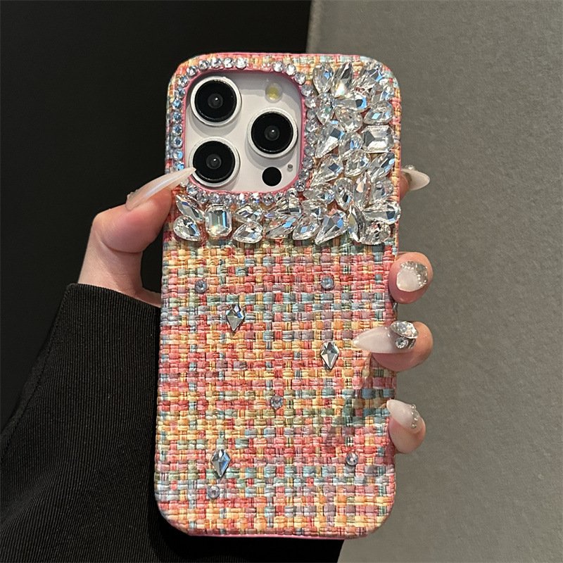 Handmade Light Luxury Rhinestone Suitable for iPhone 16 Rose Red Woven Pattern Mobile Phone Case for Apple