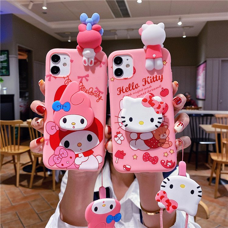 3D stereo silicone hello cute kitty Melody holder phone case for iphone Xr Xs 11 12 13 14 15 Pro Max Cell Cover