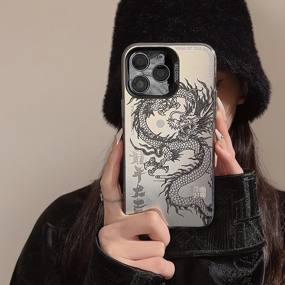 Luxury Laser Eastern Myths Legends Chinese Dragon Phone Case For IPhone 11 12 13 14 Pro Max 15 Plus 3D Totem Anti-drop Cover