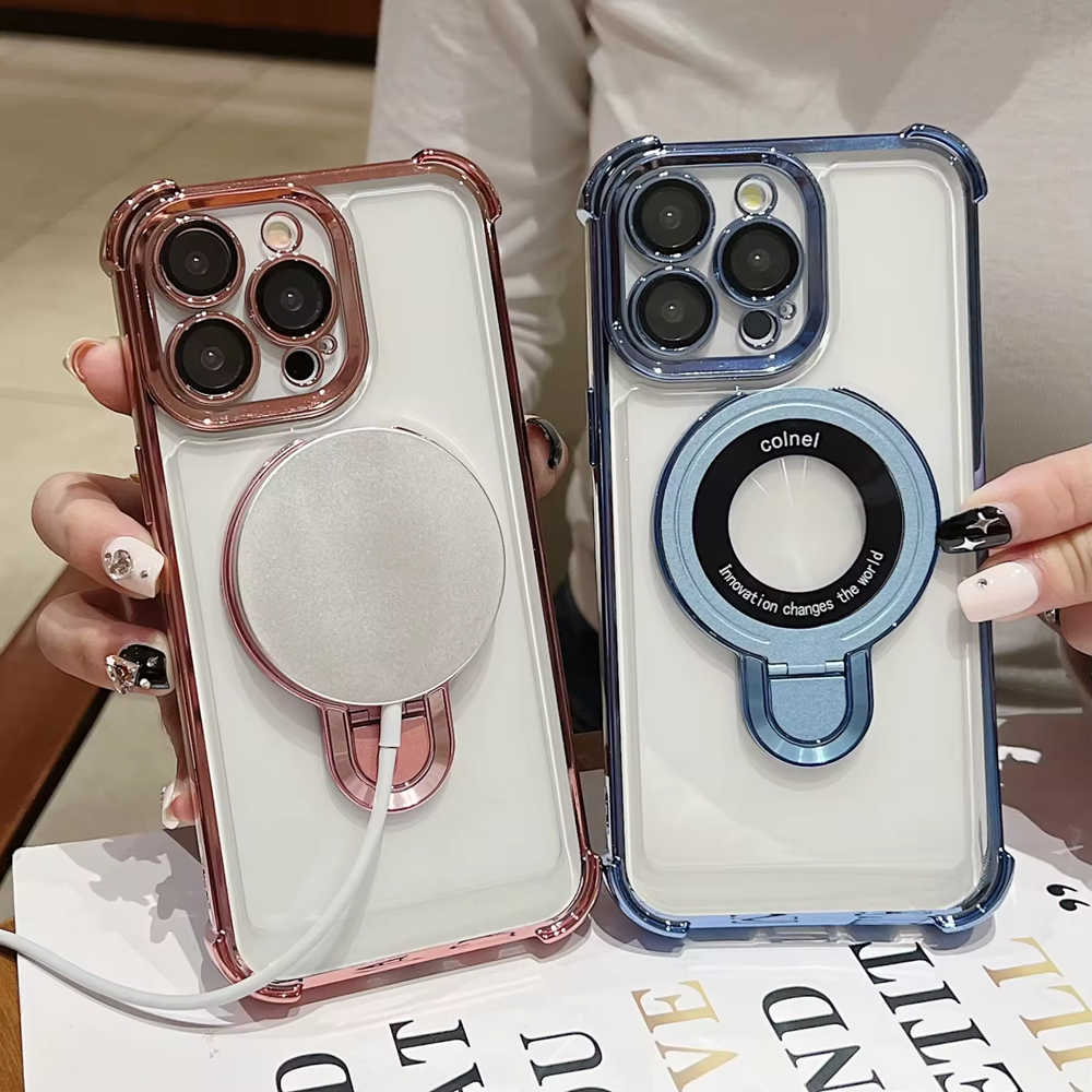 Transparent Full Body Lens Mobile Phone Case For Iphone 16 15 14 13 Pro Max With Wireless Magnetic Ring Stand Cell Back Cover