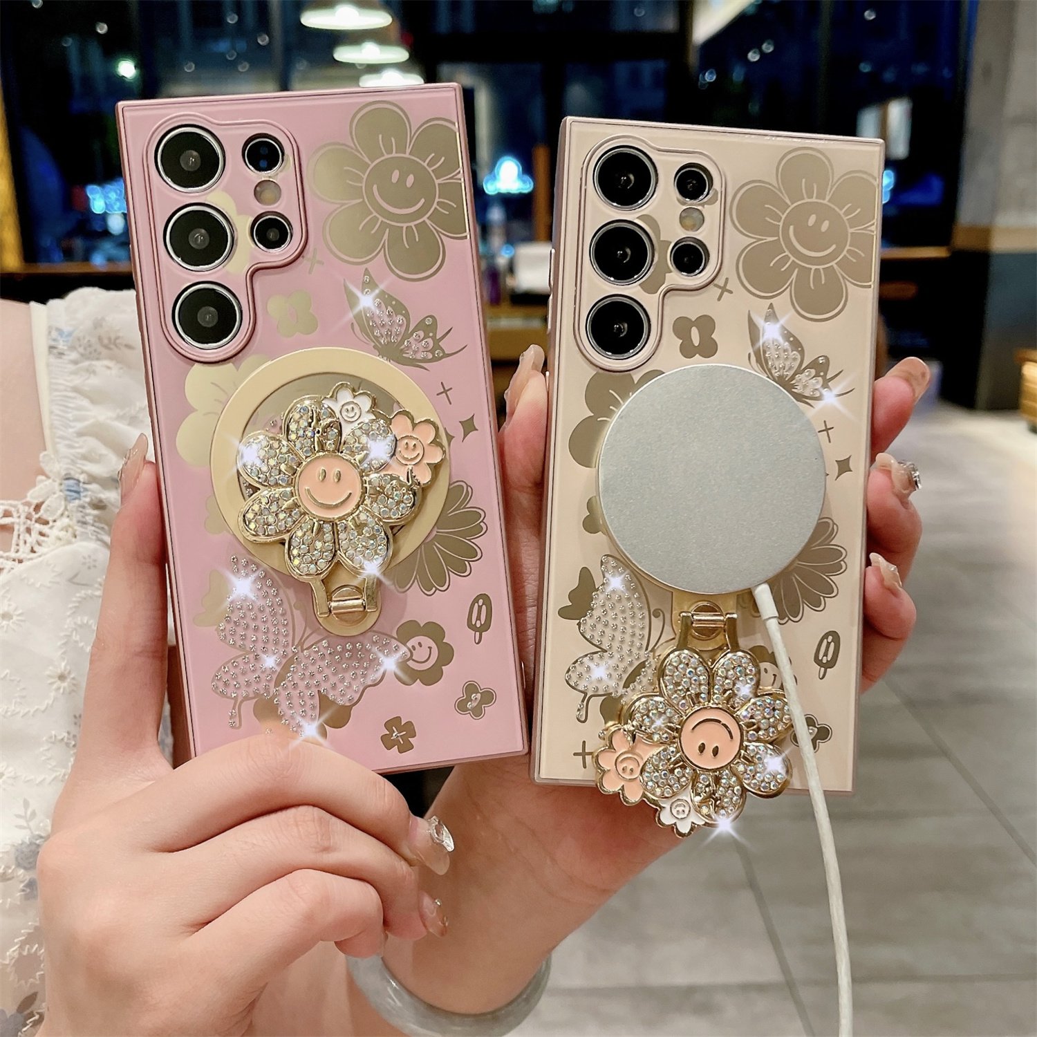 Sunflower Flower Pattern Magnetic Mobile Phone Case with Diamond Stand Holder For Samsung Galaxy S24 S23 S22 Ultra