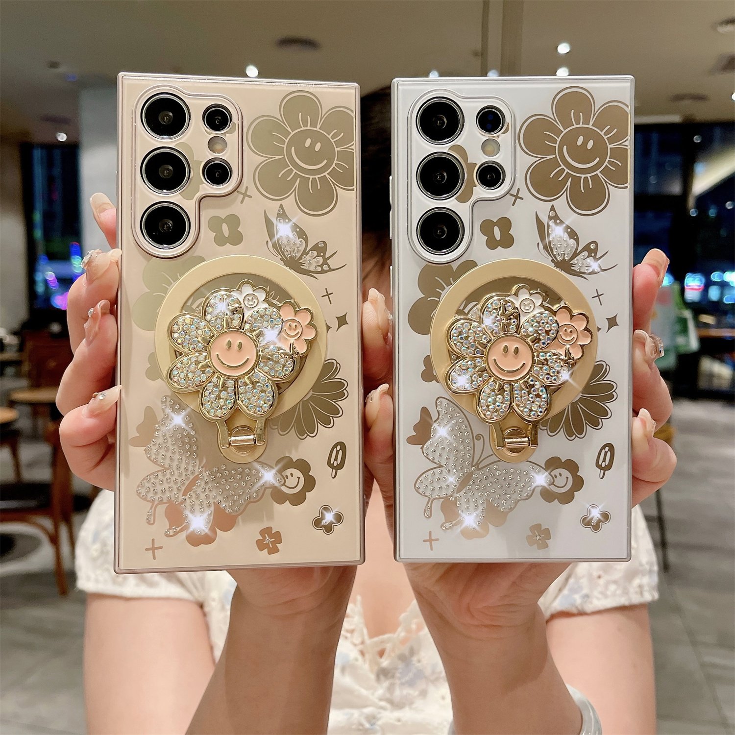 Sunflower Flower Pattern Magnetic Mobile Phone Case with Diamond Stand Holder For Samsung Galaxy S24 S23 S22 Ultra