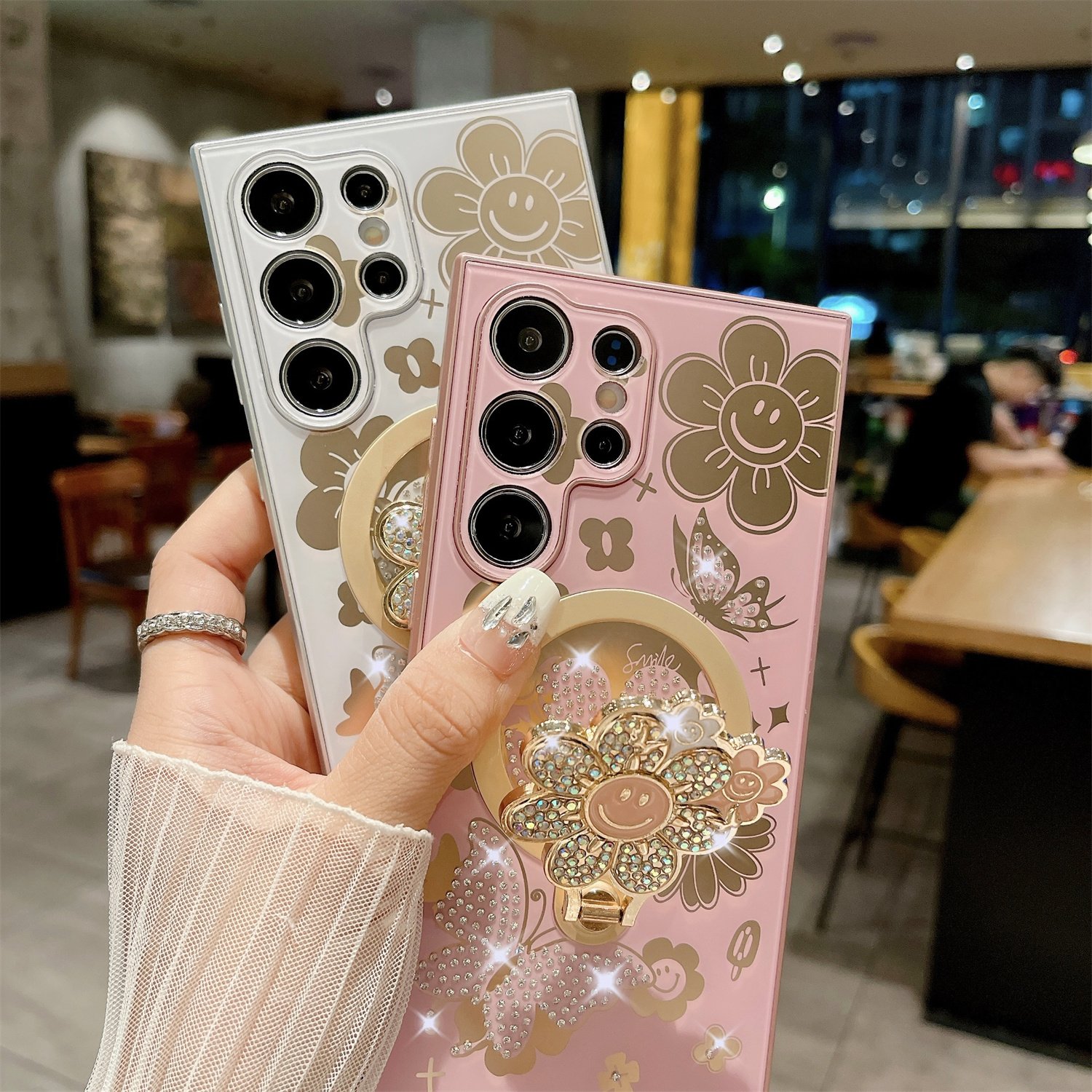 Sunflower Flower Pattern Magnetic Mobile Phone Case with Diamond Stand Holder For Samsung Galaxy S24 S23 S22 Ultra
