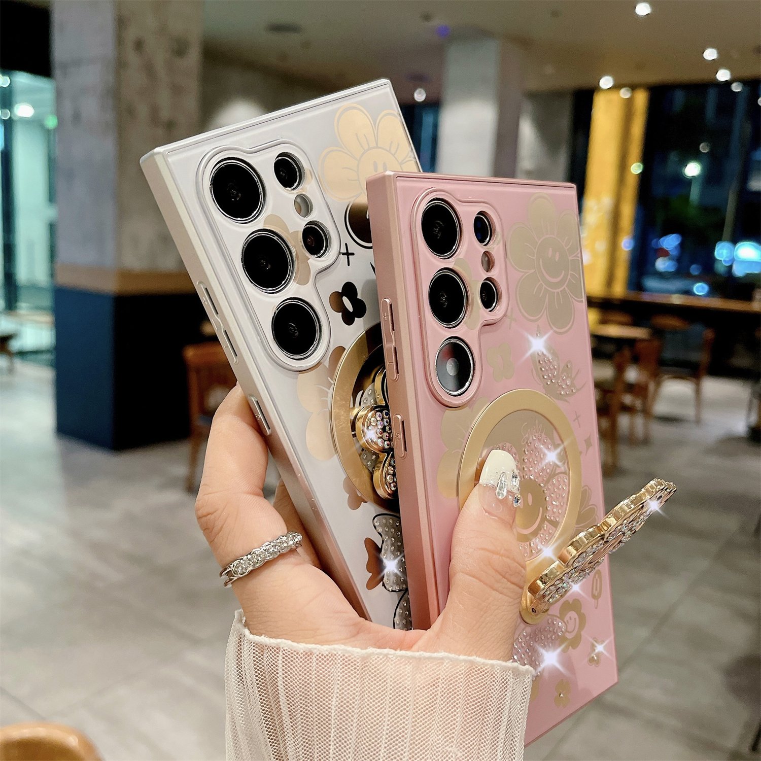 Sunflower Flower Pattern Magnetic Mobile Phone Case with Diamond Stand Holder For Samsung Galaxy S24 S23 S22 Ultra
