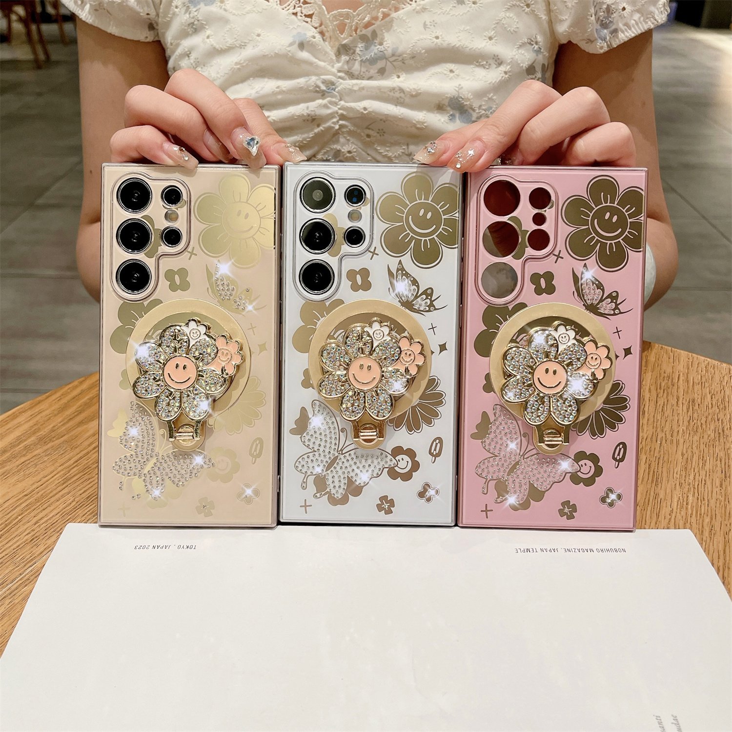 Sunflower Flower Pattern Magnetic Mobile Phone Case with Diamond Stand Holder For Samsung Galaxy S24 S23 S22 Ultra