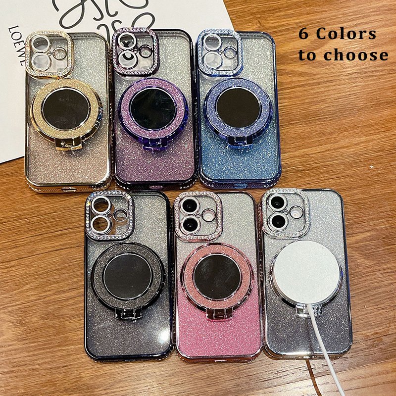 Electroplated Grily Makeup Mirror Stand Diamond Bumper Shinny Glitter Finger Holder Grip Mobile Phone Case for iPhone 16 Pro 15