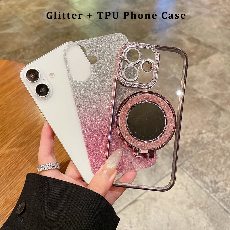 Electroplated Grily Makeup Mirror Stand Diamond Bumper Shinny Glitter Finger Holder Grip Mobile Phone Case for iPhone 16 Pro 15