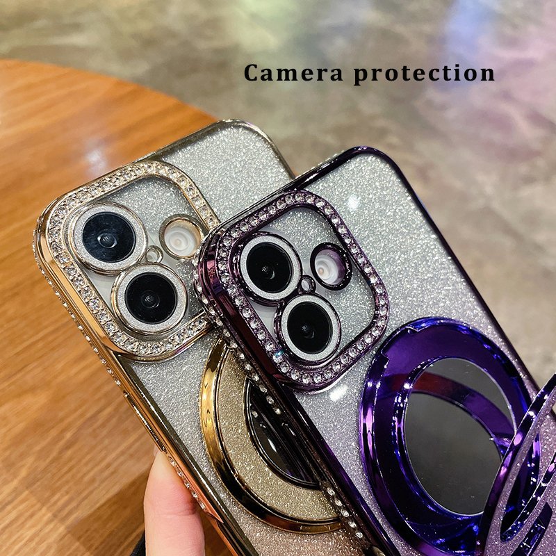Electroplated Grily Makeup Mirror Stand Diamond Bumper Shinny Glitter Finger Holder Grip Mobile Phone Case for iPhone 16 Pro 15