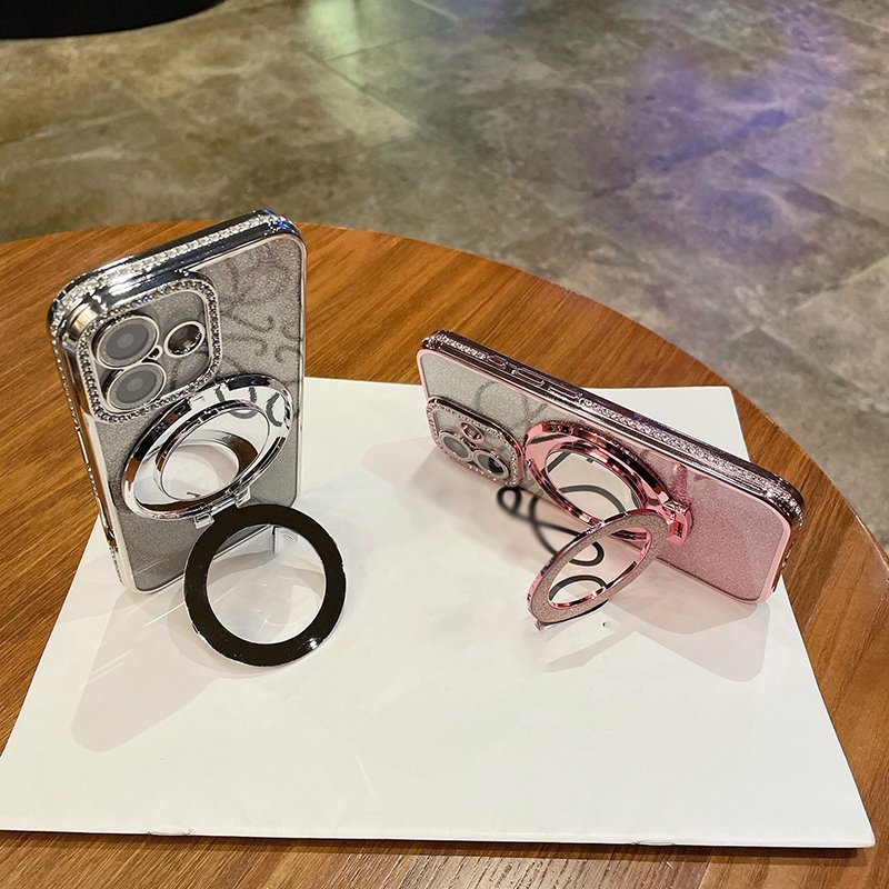 Electroplated Grily Makeup Mirror Stand Diamond Bumper Shinny Glitter Finger Holder Grip Mobile Phone Case for iPhone 16 Pro 15