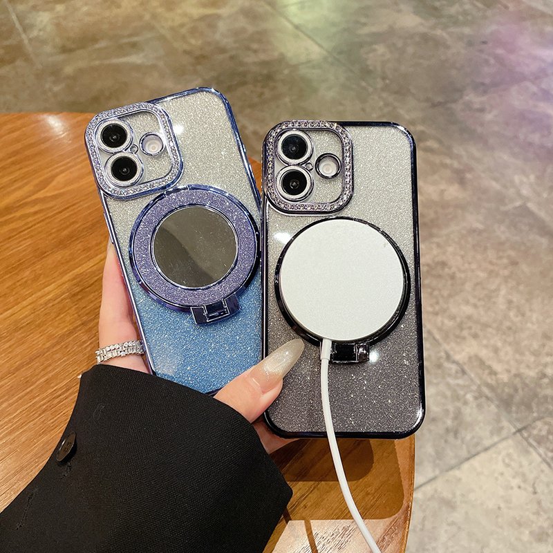 Electroplated Grily Makeup Mirror Stand Diamond Bumper Shinny Glitter Finger Holder Grip Mobile Phone Case for iPhone 16 Pro 15