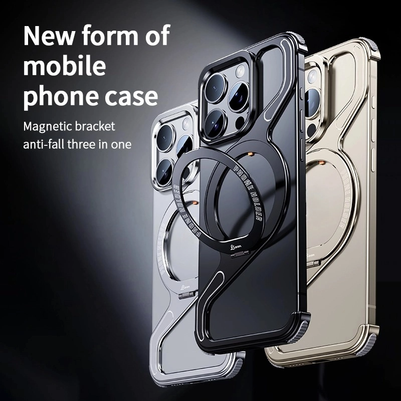 New Aluminum Frameless Bumper Z Phone Case With Kickstand Magnetic Stand For iPhone 15Pro Max Bezel Less Metal Shockproof Cover