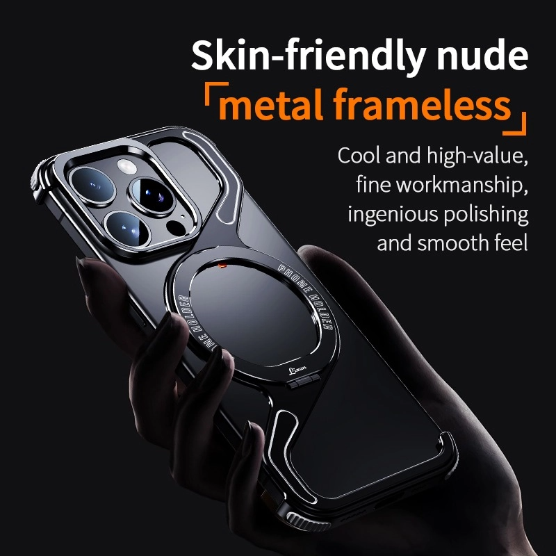 New Aluminum Frameless Bumper Z Phone Case With Kickstand Magnetic Stand For iPhone 15Pro Max Bezel Less Metal Shockproof Cover
