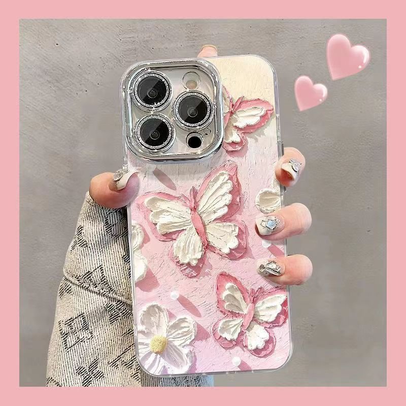 New luxury Laser Feather Veil Oil Glitter lens film Phone Case For Iphone 11 14 13 12 15 Pro Max oil paint Butterfly Back Cover