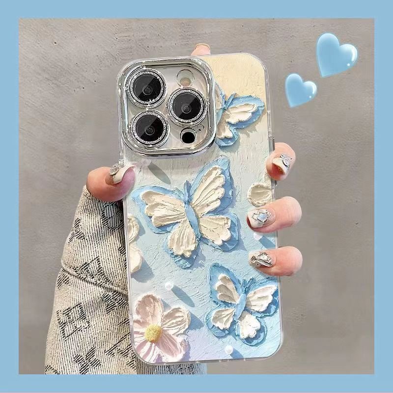 New luxury Laser Feather Veil Oil Glitter lens film Phone Case For Iphone 11 14 13 12 15 Pro Max oil paint Butterfly Back Cover