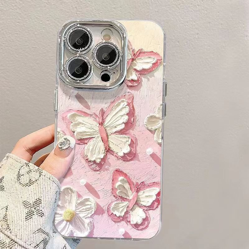 New luxury Laser Feather Veil Oil Glitter lens film Phone Case For Iphone 11 14 13 12 15 Pro Max oil paint Butterfly Back Cover