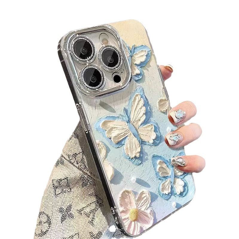 New luxury Laser Feather Veil Oil Glitter lens film Phone Case For Iphone 11 14 13 12 15 Pro Max oil paint Butterfly Back Cover