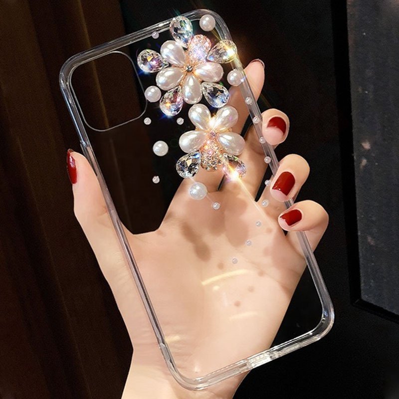 Luxury Bling Glitter Women Rhinestone Crown Pearl Flower Diamond Phone Case For iphone 15 14 16 Pro Max Soft Clear TPU Cover