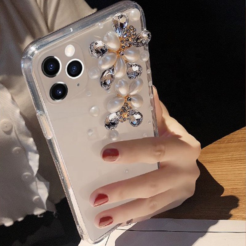 Luxury Bling Glitter Women Rhinestone Crown Pearl Flower Diamond Phone Case For iphone 15 14 16 Pro Max Soft Clear TPU Cover