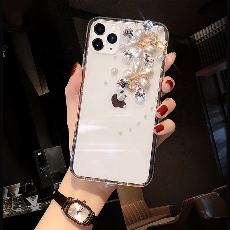 Luxury Bling Glitter Women Rhinestone Crown Pearl Flower Diamond Phone Case For iphone 15 14 16 Pro Max Soft Clear TPU Cover