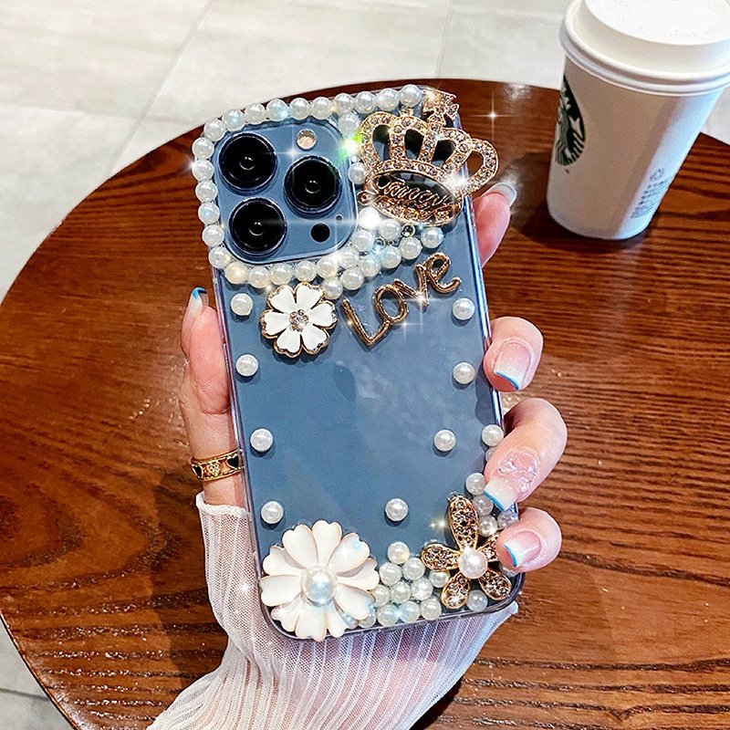 Luxury Bling Glitter Women Rhinestone Crown Pearl Flower Diamond Phone Case For iphone 15 14 16 Pro Max Soft Clear TPU Cover