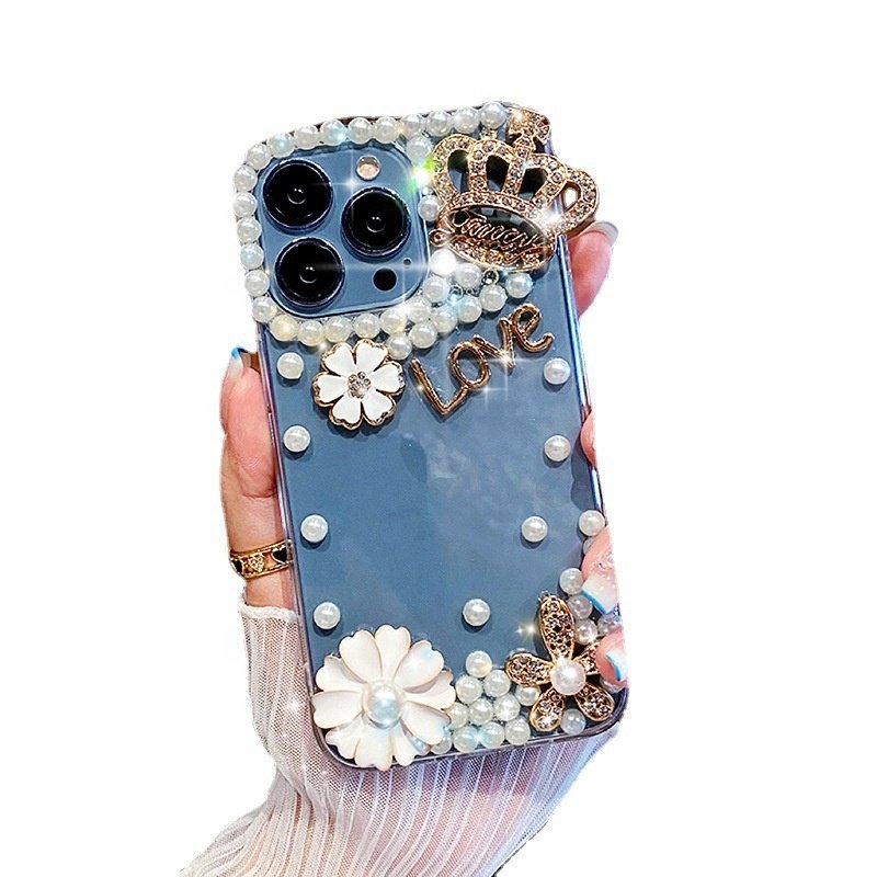 Luxury Bling Glitter Women Rhinestone Crown Pearl Flower Diamond Phone Case For iphone 15 14 16 Pro Max Soft Clear TPU Cover