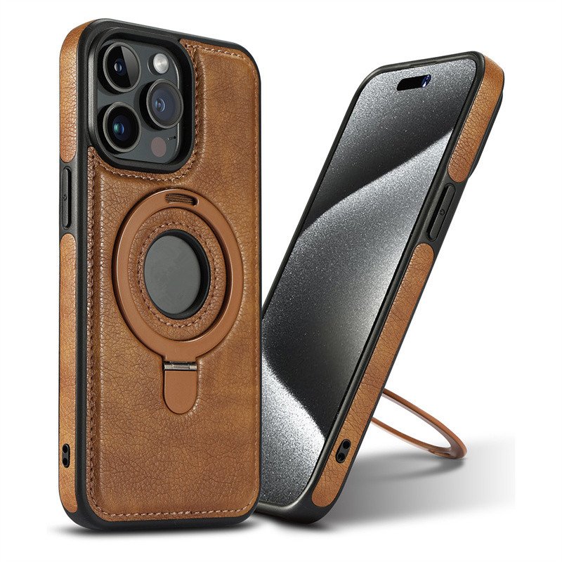 For iPhone 16 Case with Magnetic Invisible Stand, Luxury Vintage PU Leather Ring Holder Mobile Phone Cover For iPhone 16 Pro Max