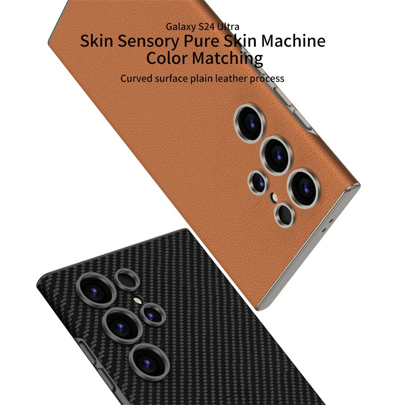 Business Curved Plain Leather Phone Case For Samsung S24 S23 Ultra Thin Skin Feeling PC Hard Shockproof Full Protective Cover