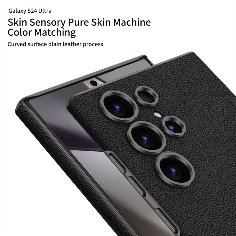 Business Curved Plain Leather Phone Case For Samsung S24 S23 Ultra Thin Skin Feeling PC Hard Shockproof Full Protective Cover