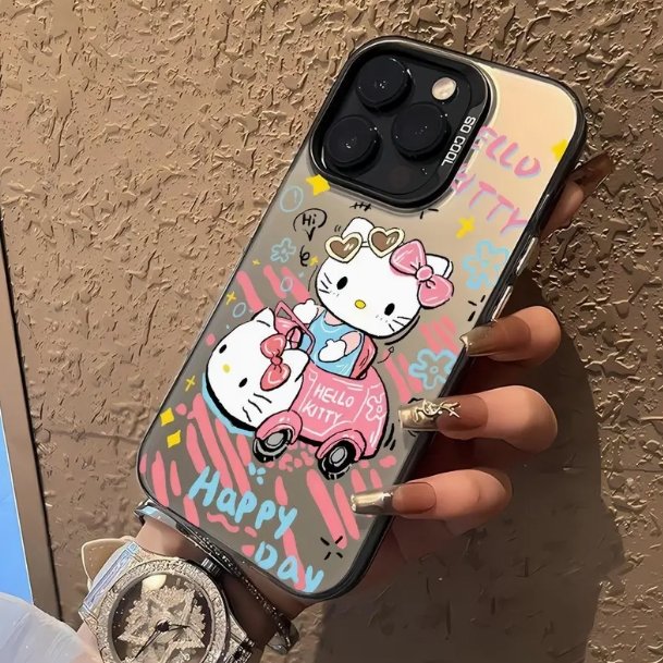 Cartoon Cute Hellokitty coloured silver phone case For iPhone 16 Plus 15 Pro Max 14 13 12 11 fashions shockproof Back cover