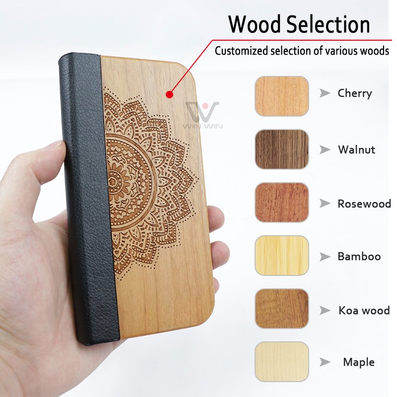 Laser Blank Wood Flip Phone Case Custom Logo Leather Mobile Phone Case For iPhone 11 13 14 15 Accessories
