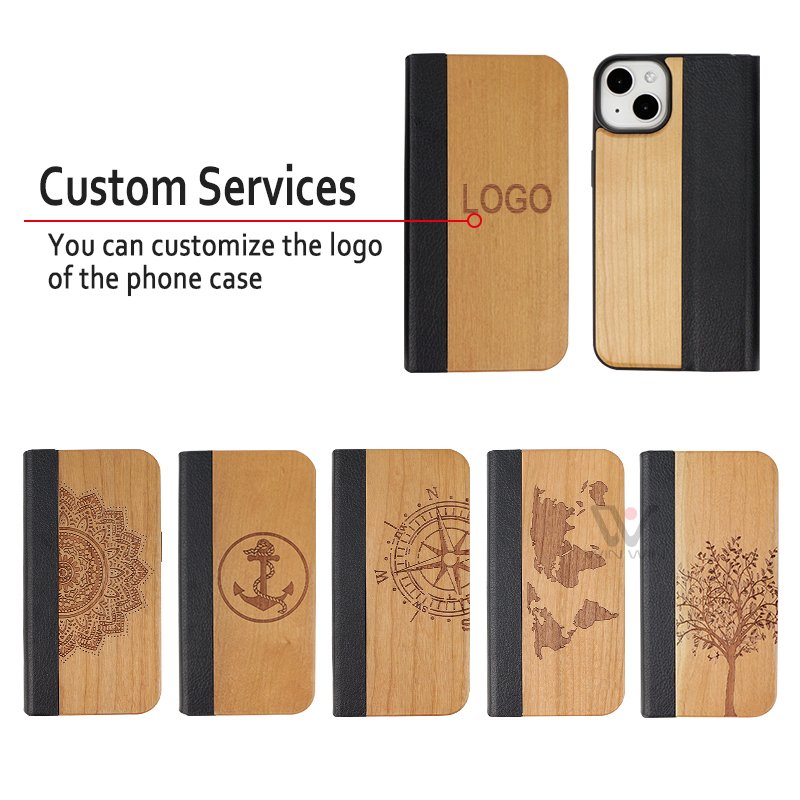 Laser Blank Wood Flip Phone Case Custom Logo Leather Mobile Phone Case For iPhone 11 13 14 15 Accessories