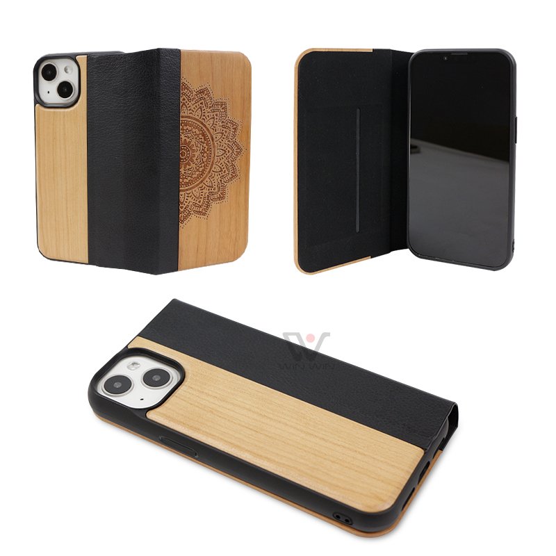 Laser Blank Wood Flip Phone Case Custom Logo Leather Mobile Phone Case For iPhone 11 13 14 15 Accessories