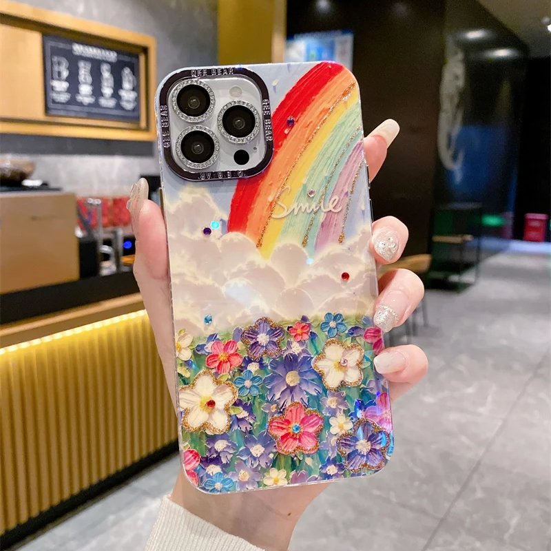 Hot Blue Light Rhinestone Oil Painting Rainbow Flower Fashion Mobile Phone Case for iPhone16 15Promax 14 Drop-resistant 13 12 11
