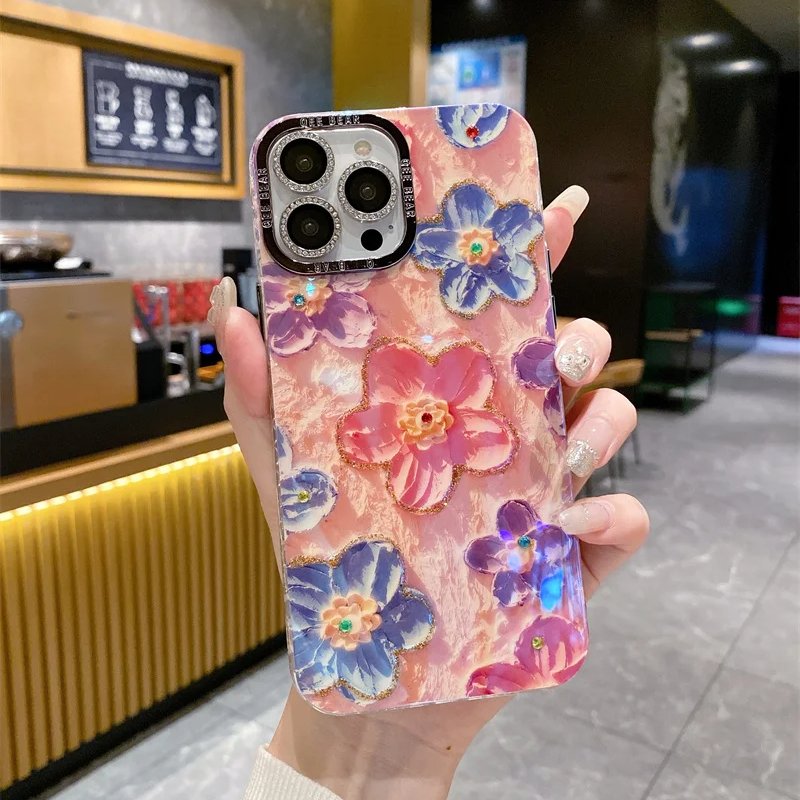 Hot Blue Light Rhinestone Oil Painting Rainbow Flower Fashion Mobile Phone Case for iPhone16 15Promax 14 Drop-resistant 13 12 11