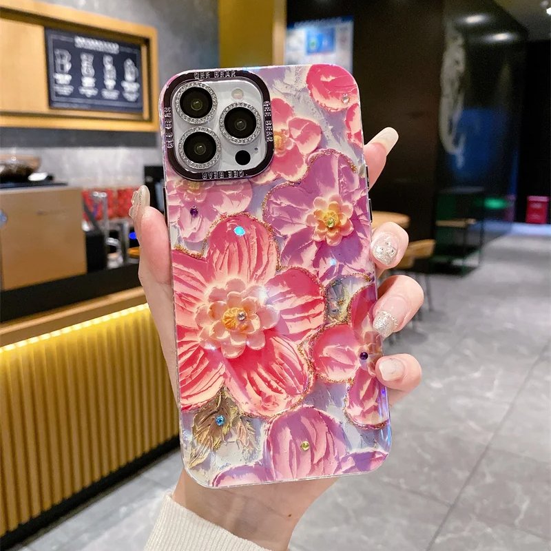 Hot Blue Light Rhinestone Oil Painting Rainbow Flower Fashion Mobile Phone Case for iPhone16 15Promax 14 Drop-resistant 13 12 11