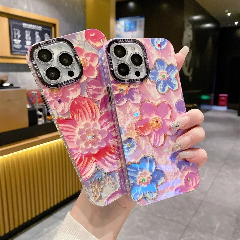 Hot Blue Light Rhinestone Oil Painting Rainbow Flower Fashion Mobile Phone Case for iPhone16 15Promax 14 Drop-resistant 13 12 11