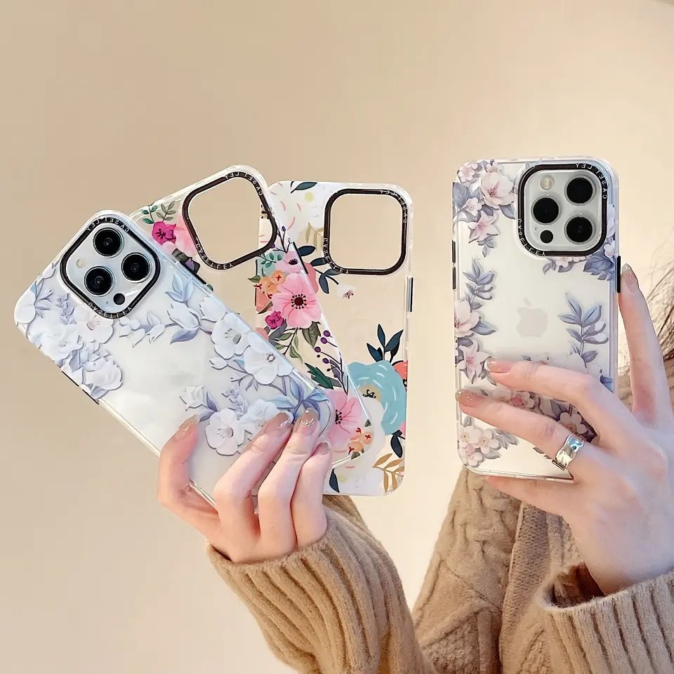 New Design Luxury IMD Flower Printing Clear Tpu Pc Mobile Phone Case For Iphone 11 12 13 14 plus 15 Pro Max