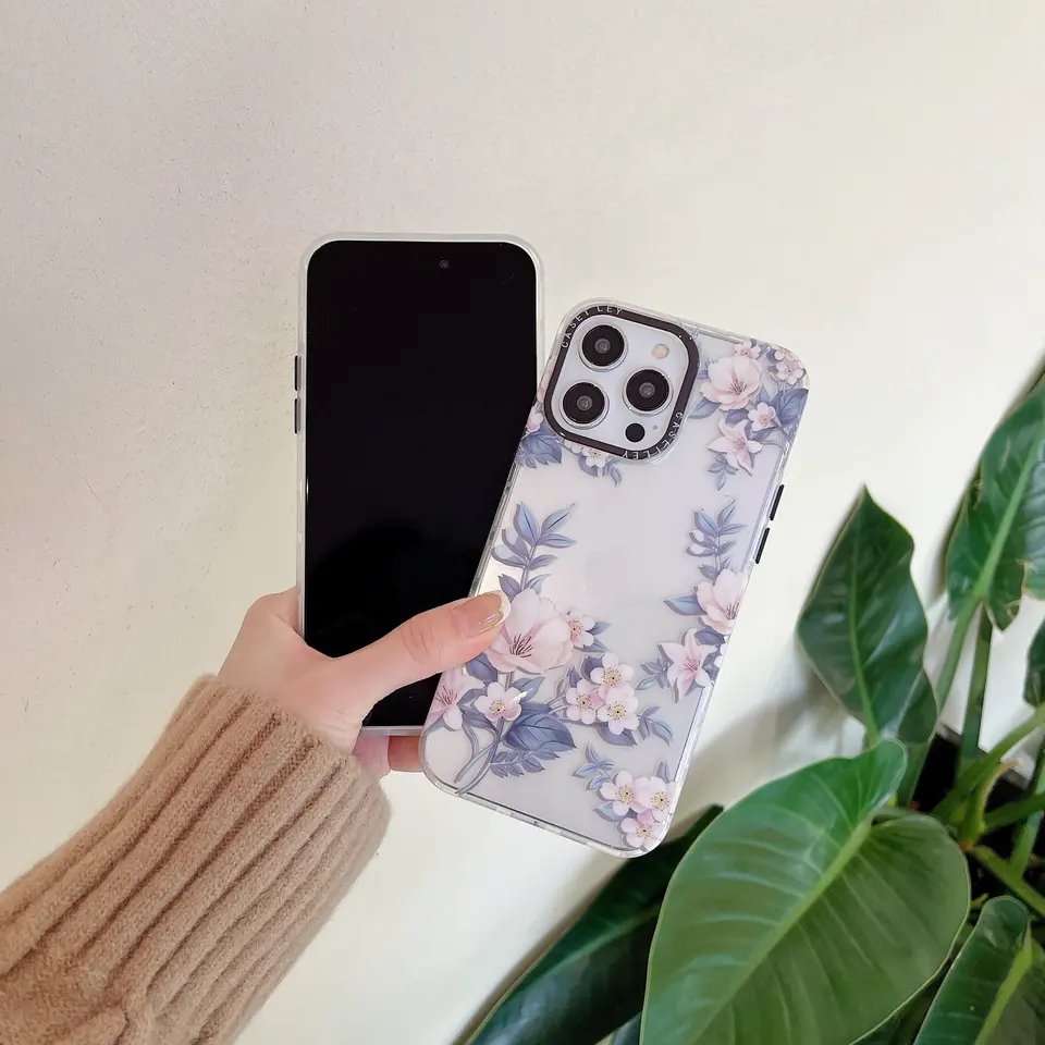 New Design Luxury IMD Flower Printing Clear Tpu Pc Mobile Phone Case For Iphone 11 12 13 14 plus 15 Pro Max
