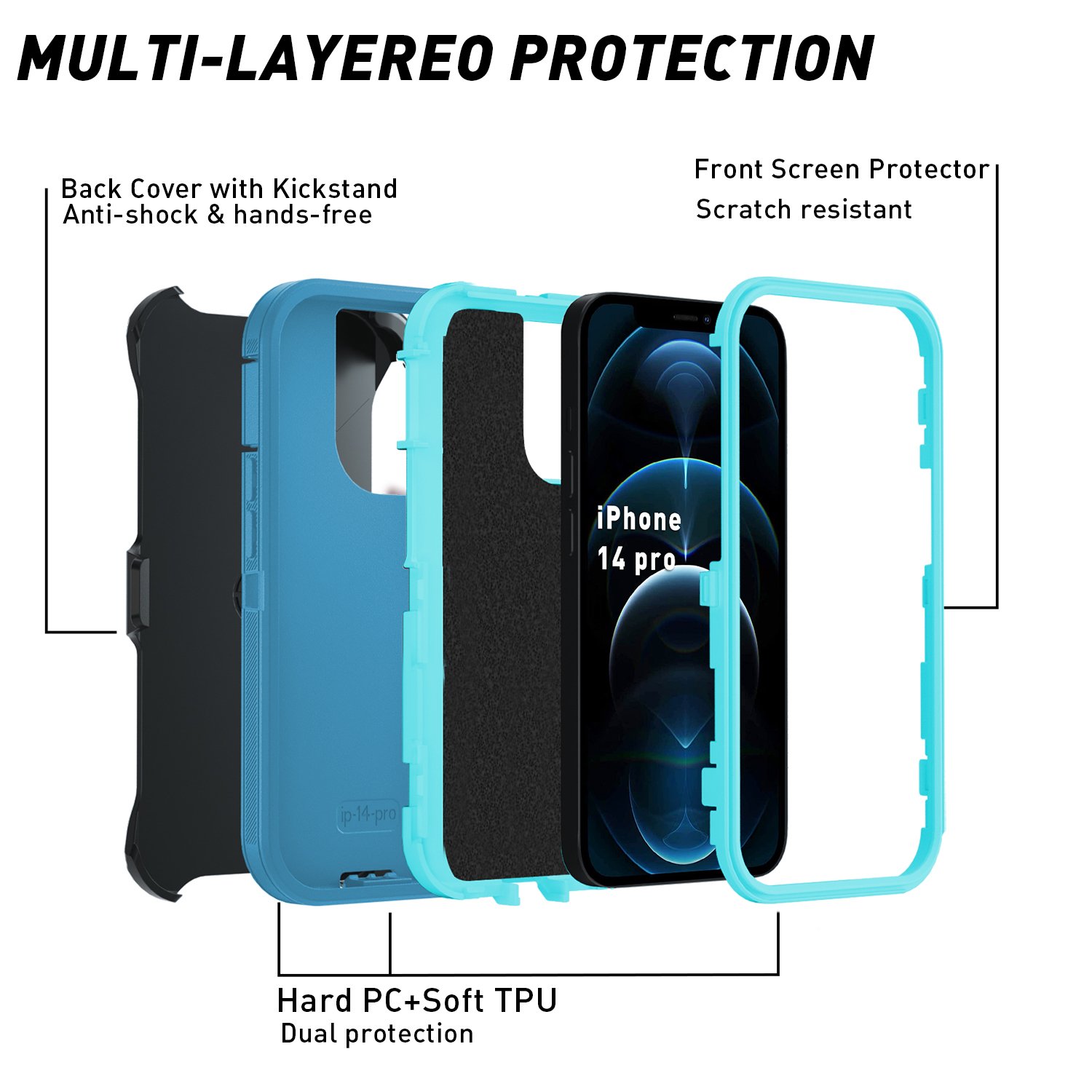 Anti-Fingerprint Back Cover Belt Clip Kickstand Defender Case For iPhone 14 Series TPU+Hard PC iPhone Case