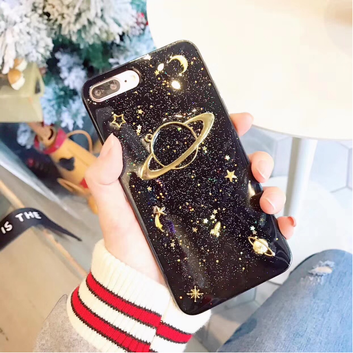 Stereoscopic Gold Space Universe Shining Moon Stat Planet Powder Cell Mobile Phone Cases Back Cover For iPhone 6 7 8 plus X