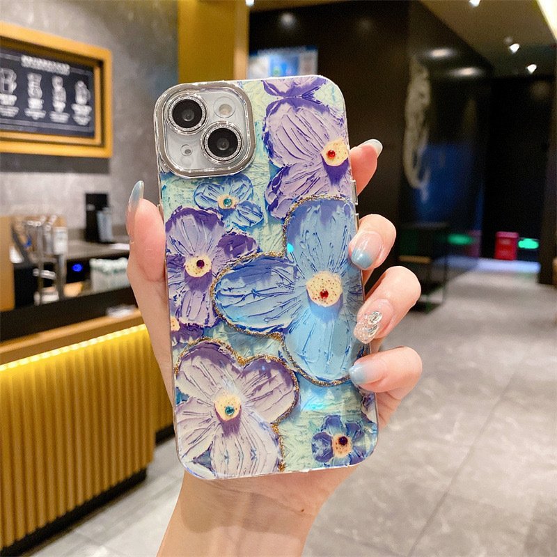 New Luxury Oil Painting Flowers Phone Case For Iphone 15 14 13 11 12 Pro Max Plating Glitter Lens protection Shockproof Cover