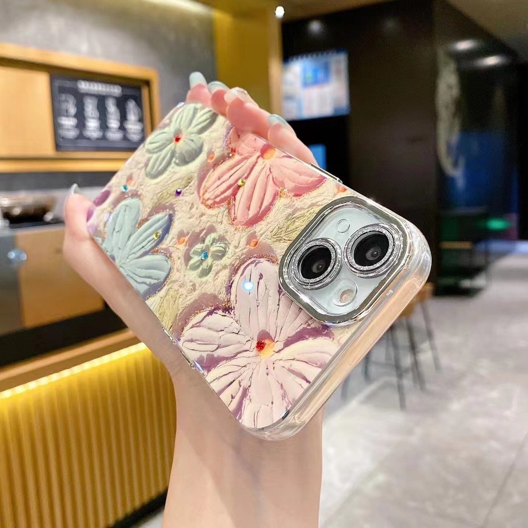 New Luxury Oil Painting Flowers Phone Case For Iphone 15 14 13 11 12 Pro Max Plating Glitter Lens protection Shockproof Cover