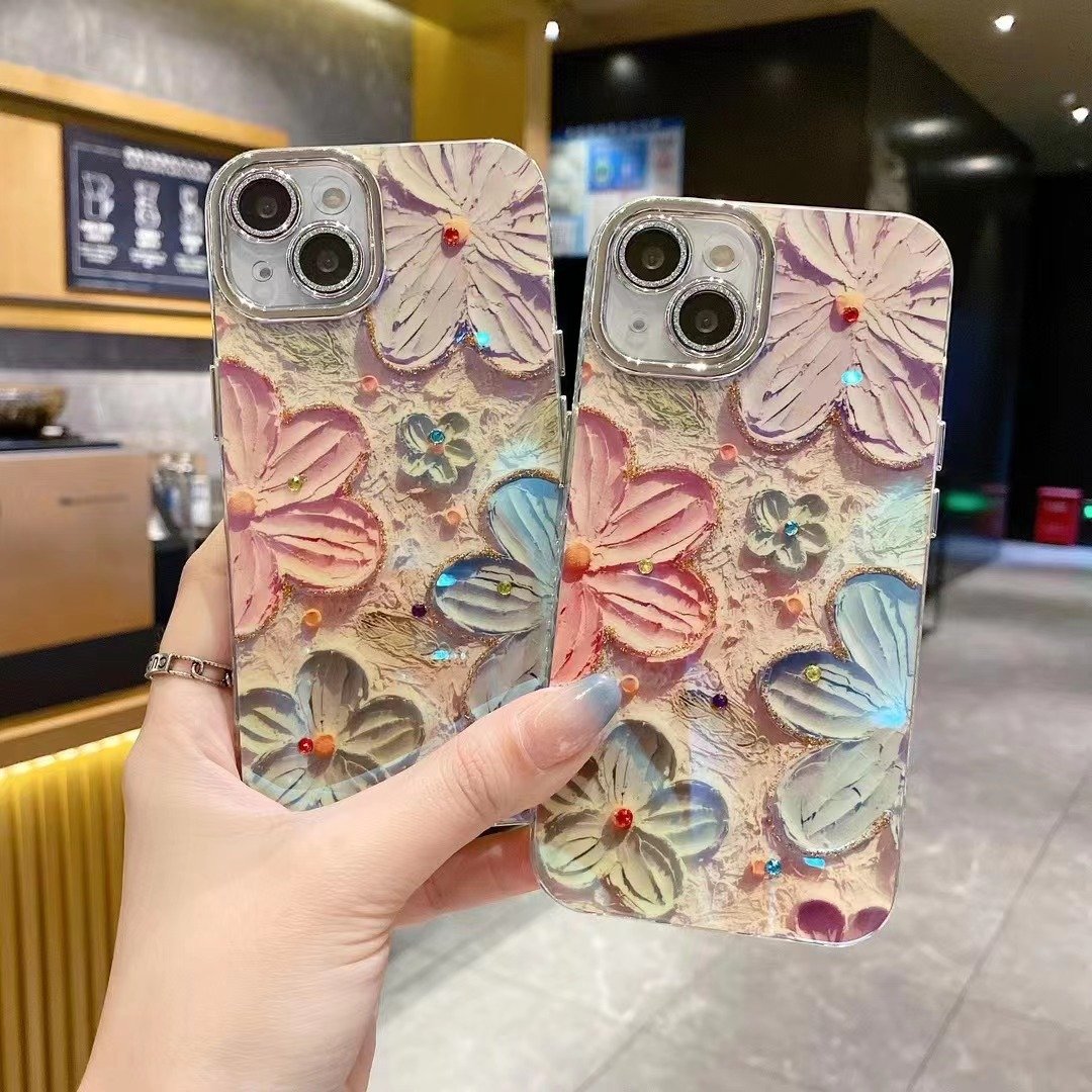 New Luxury Oil Painting Flowers Phone Case For Iphone 15 14 13 11 12 Pro Max Plating Glitter Lens protection Shockproof Cover