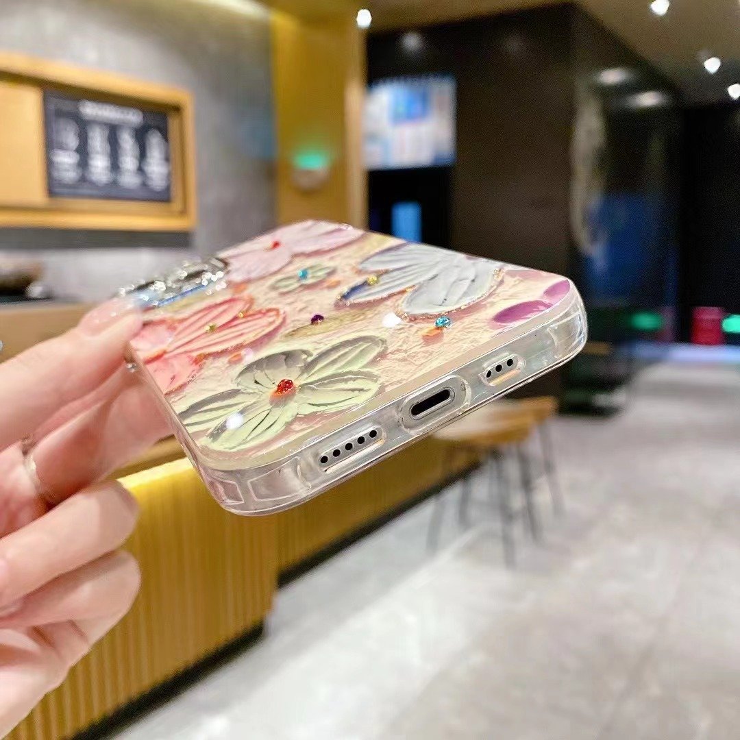 New Luxury Oil Painting Flowers Phone Case For Iphone 15 14 13 11 12 Pro Max Plating Glitter Lens protection Shockproof Cover