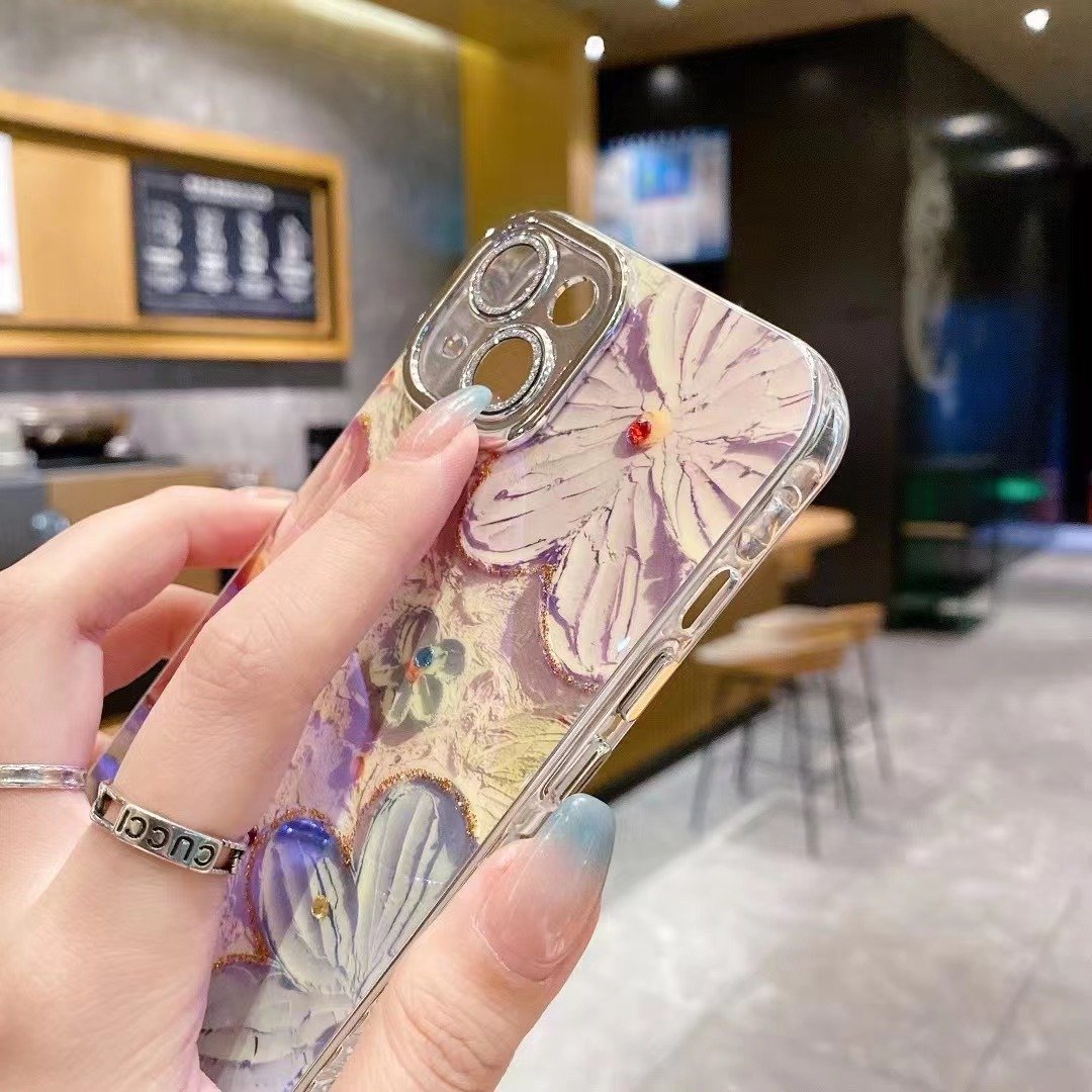 New Luxury Oil Painting Flowers Phone Case For Iphone 15 14 13 11 12 Pro Max Plating Glitter Lens protection Shockproof Cover