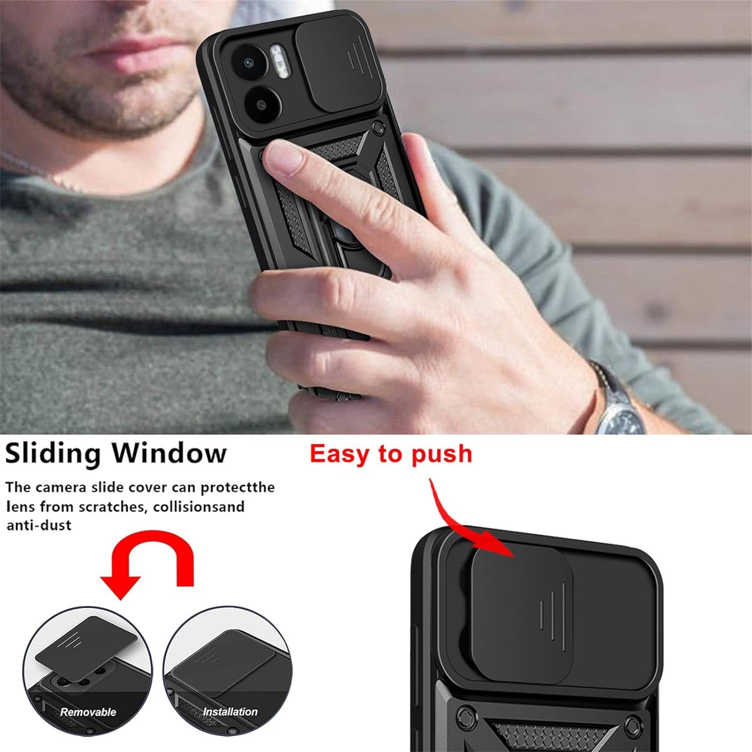 Heavy Duty Shockproof Lens Protective Phone Cover For Xiaomi Redmi A3 Redmi A2 Plus Redmi A1 Plus Ring Holder Back Cover