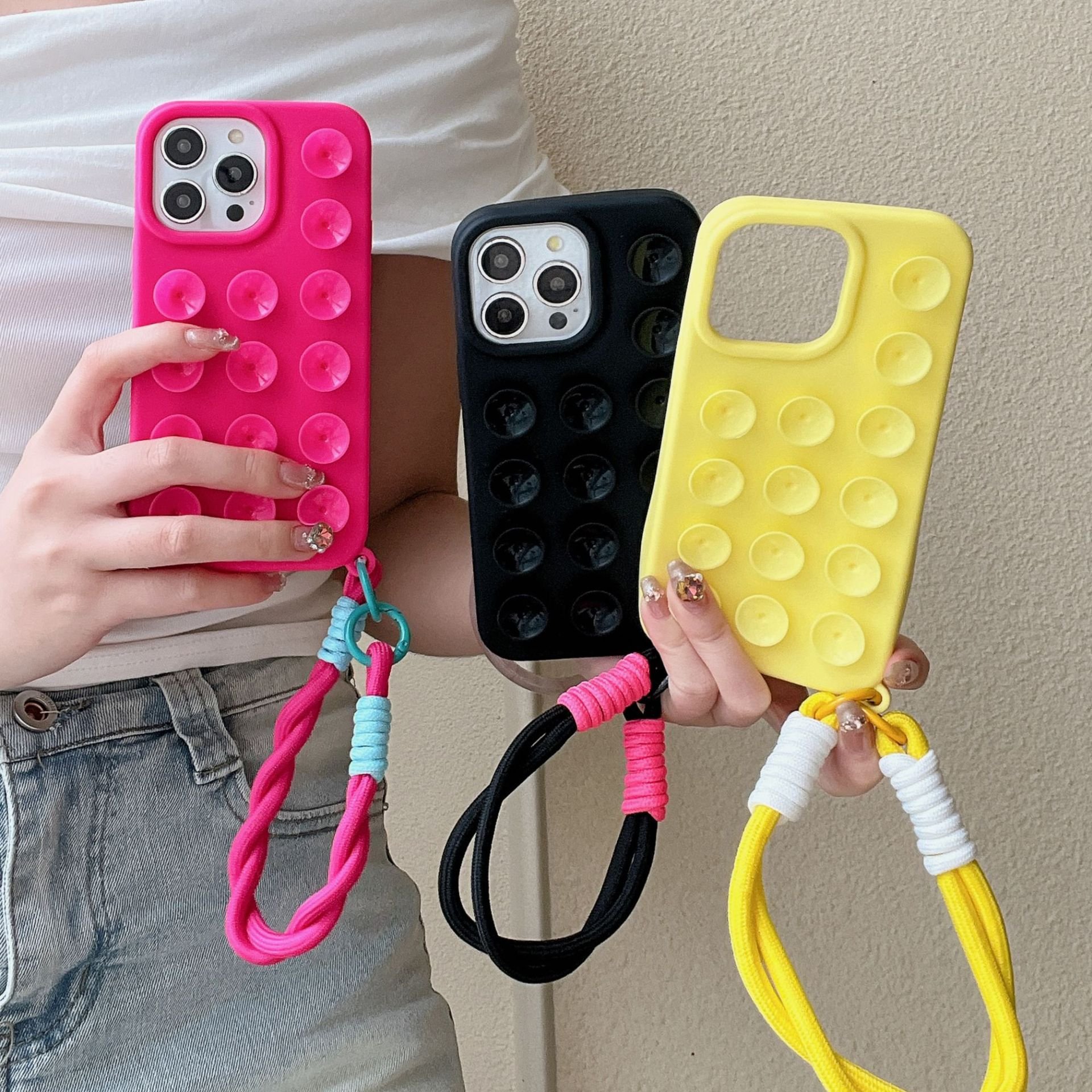 Mobile Phone Cases For iphone 13 15 14 16 pro max Protective Simple Silicone Adhesive Suction Cup Lanyard Phone Accessories