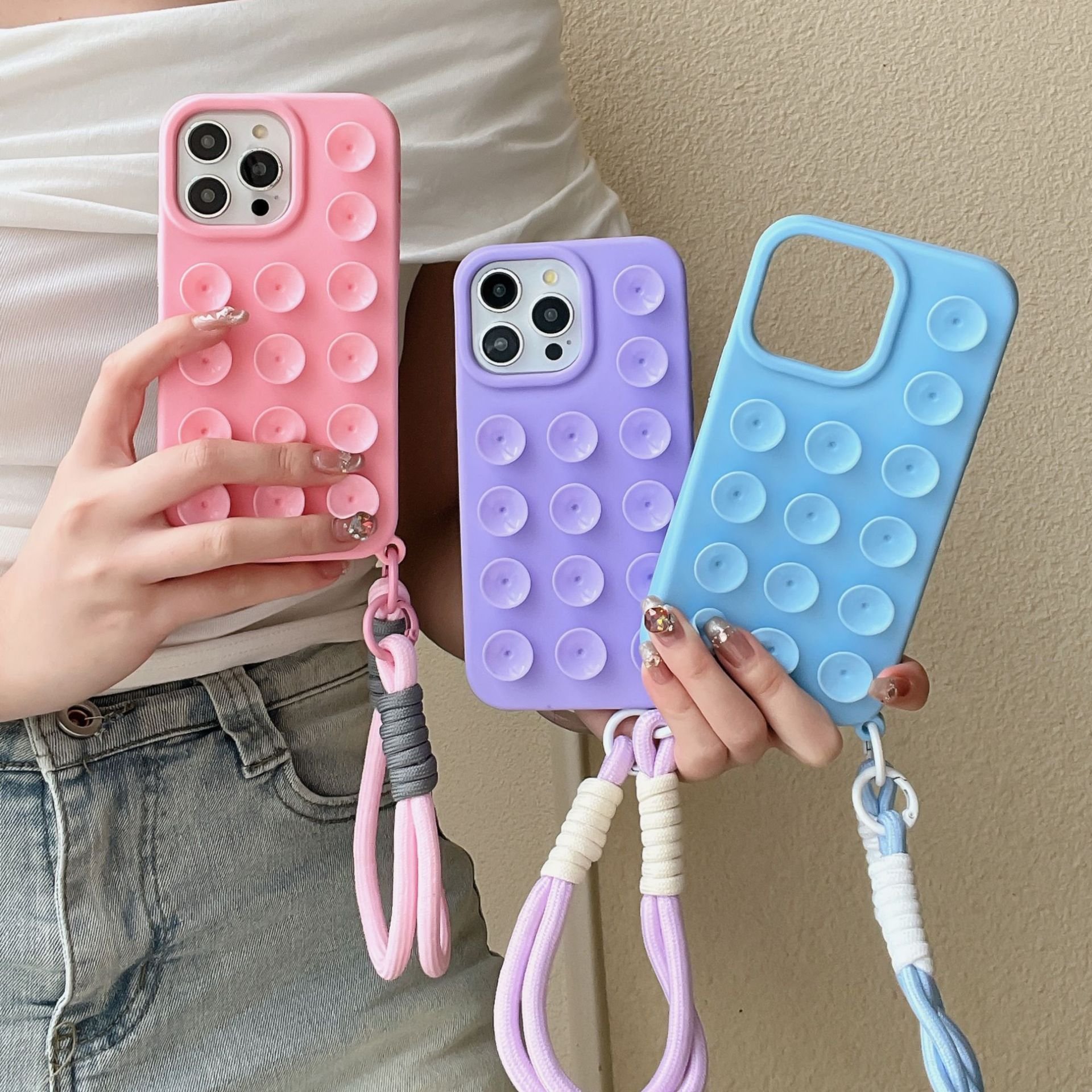 Mobile Phone Cases For iphone 13 15 14 16 pro max Protective Simple Silicone Adhesive Suction Cup Lanyard Phone Accessories